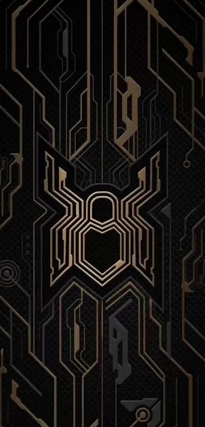 Futuristic spider circuit design with gold on black background.