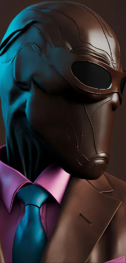 Futuristic artwork of a mysterious figure in a stylish suit with teal and magenta hues.