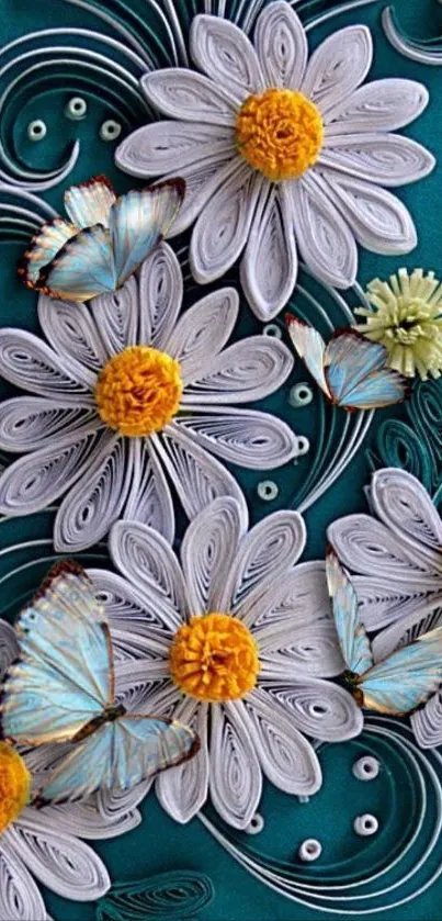 Artistic floral and butterfly wallpaper with teal background.