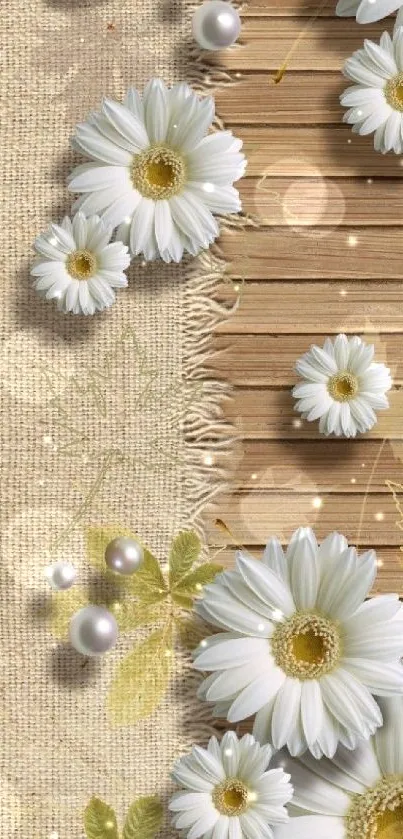 Elegant daisy floral wallpaper with burlap and wooden texture background.