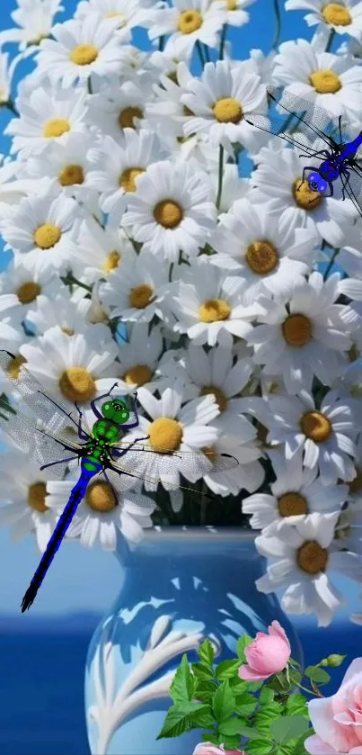 Elegant daisy bouquet on a blue background with dragonflies.