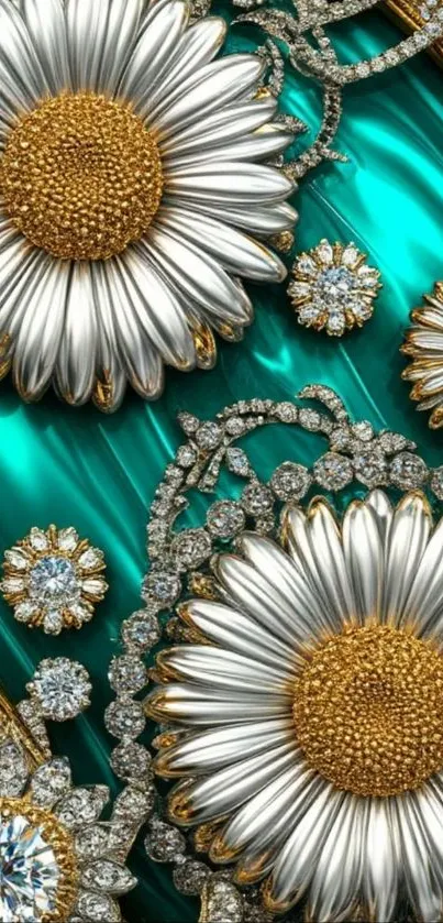 Daisy-shaped jewelry with diamonds on turquoise