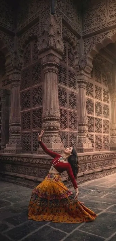 Dancer in traditional attire at ancient temple.