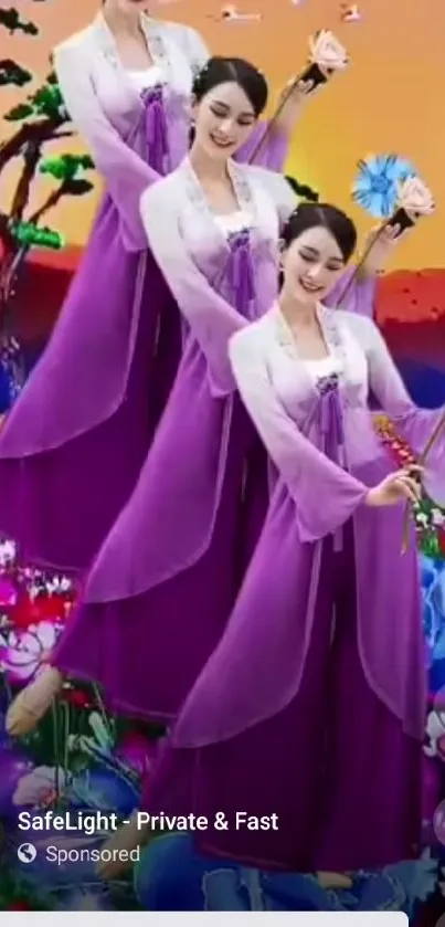 Elegant dancers with flowers and purple dresses in a vibrant natural setting.