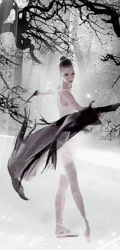 Graceful dancer in a winter forest with artistic black and white hues.