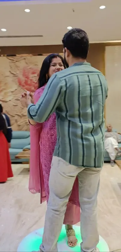 Couple dancing elegantly at a social event.