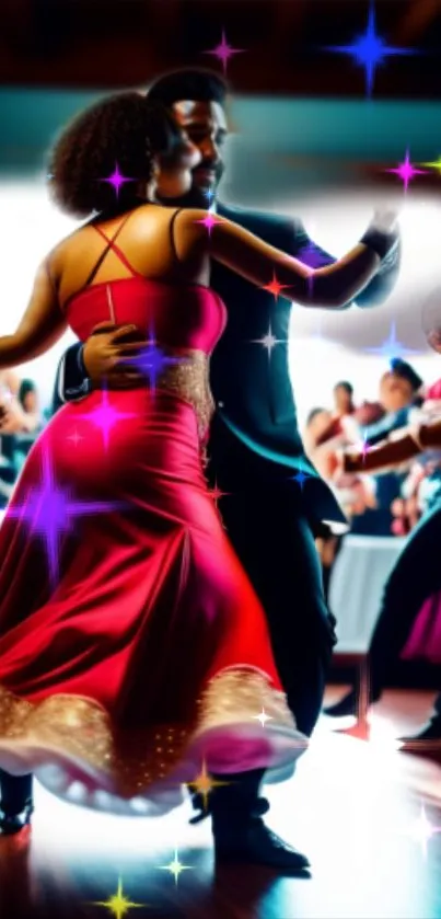 Elegant dancers at a vibrant party with colorful lights and vivid background.