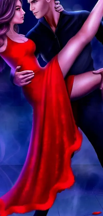 Couple dancing passionately, woman in red dress.