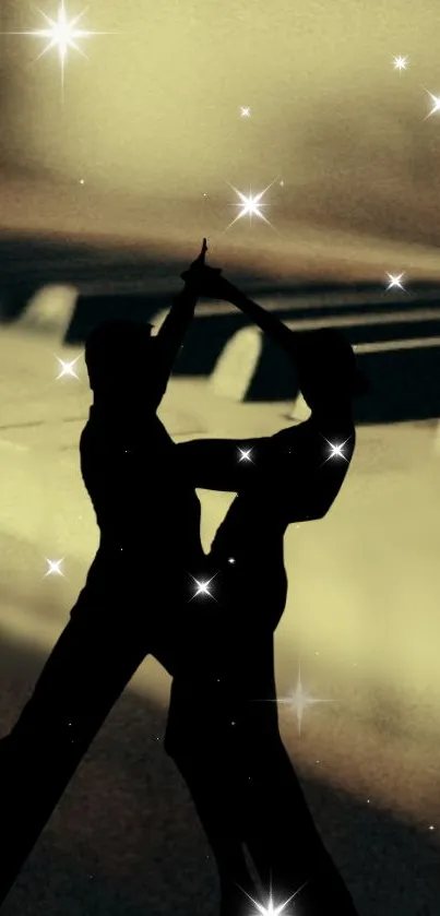Silhouette of dancers with golden stars.