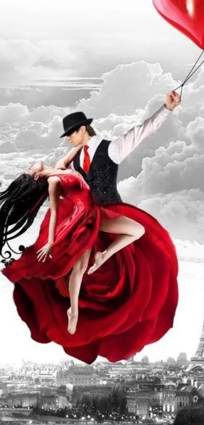 Elegant couple dancing in red rose, Paris skyline background.