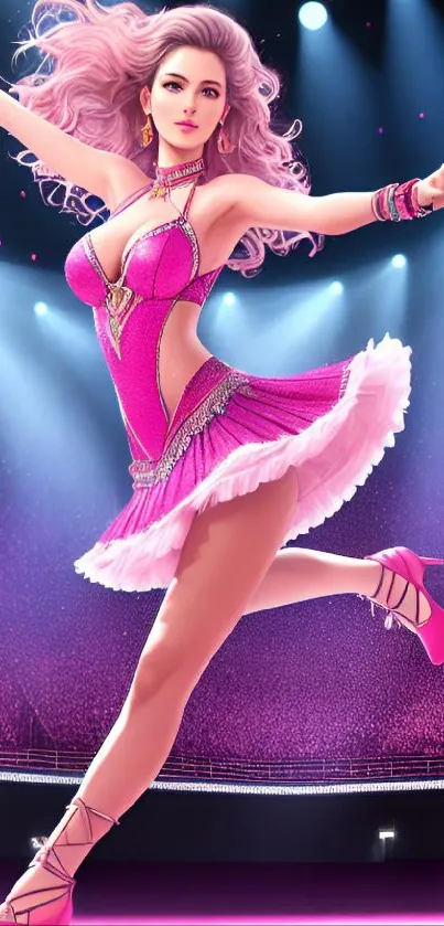 Elegant dancer in pink outfit on stage with spotlight.