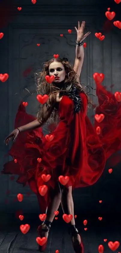 Elegant dancer in a flowing red dress against a dark backdrop.