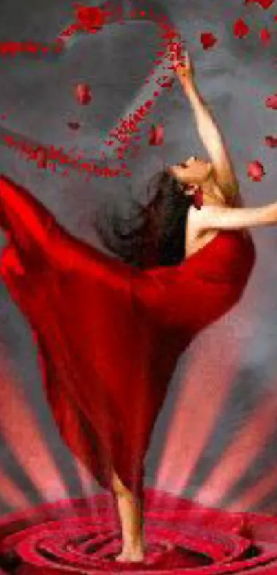 Elegant dancer in red dress surrounded by rose petals.