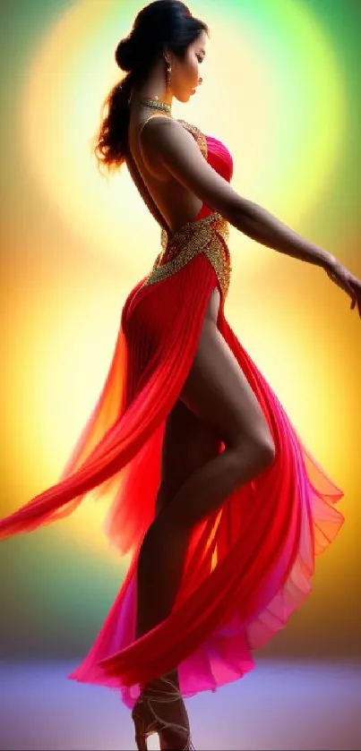 Elegant dancer in a red dress with a colorful background.