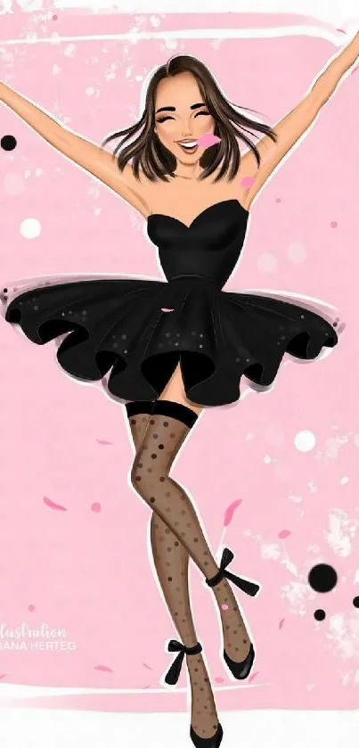 Illustration of a dancer in a black dress on a pink background.