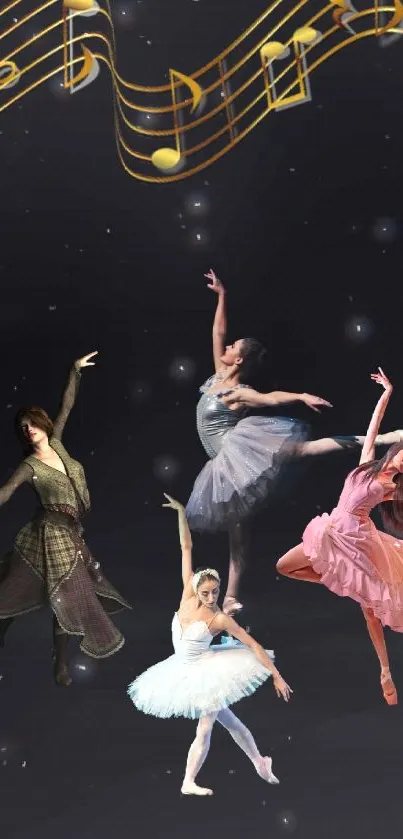 Elegant dancers and musical notes on a dark background wallpaper.