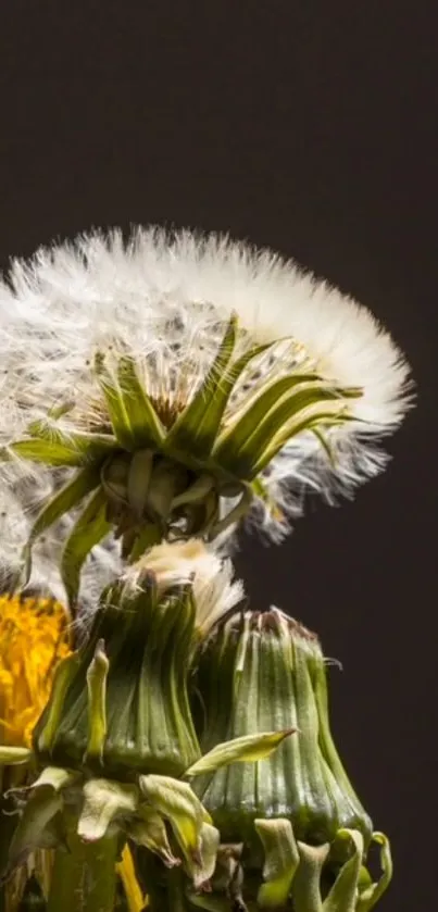 Close-up of a dandelion with vibrant detail against a dark background.