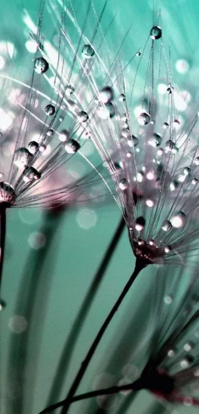 Dandelion seeds with dew against a turquoise background for mobile wallpaper.