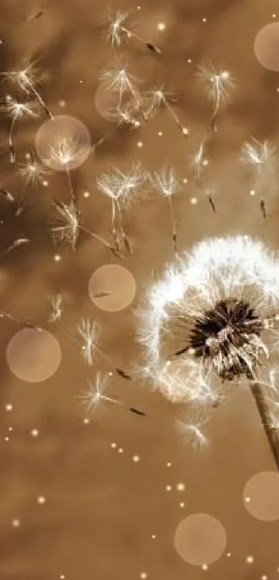 Dandelion seeds dispersing in sepia tone wallpaper, offering a serene visual.