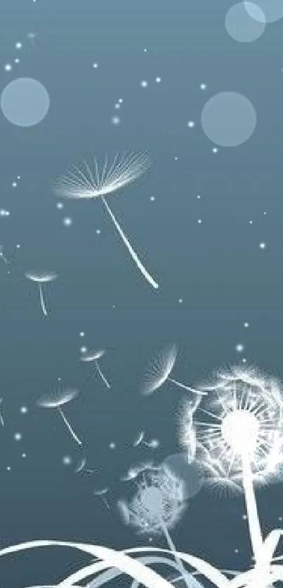 Mobile wallpaper of dandelion seeds floating on a blue gradient background.