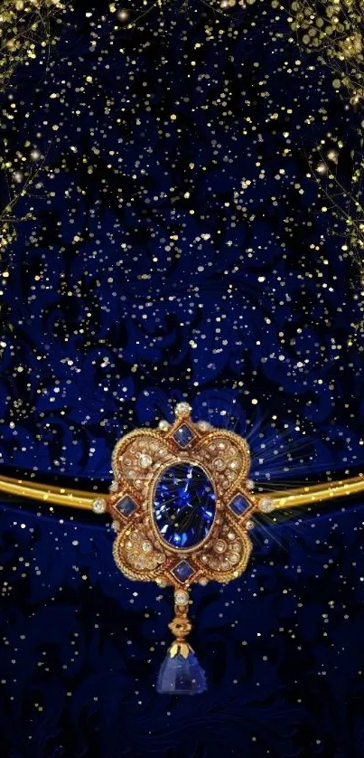 Elegant dark blue wallpaper with gold and jeweled ornamentation.