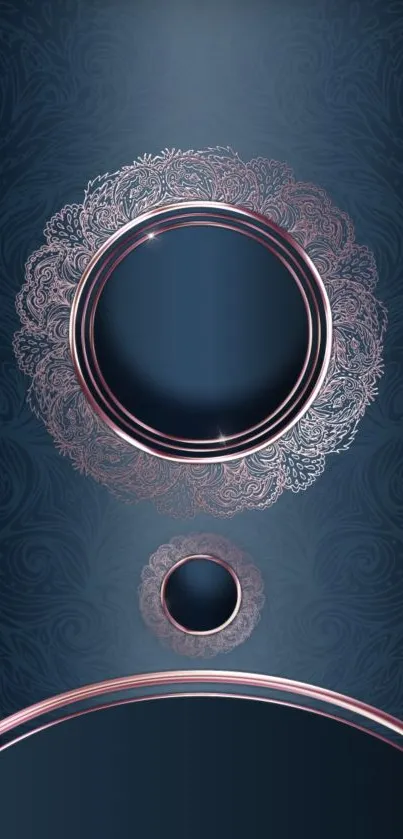 Elegant dark blue wallpaper with intricate metallic circles.