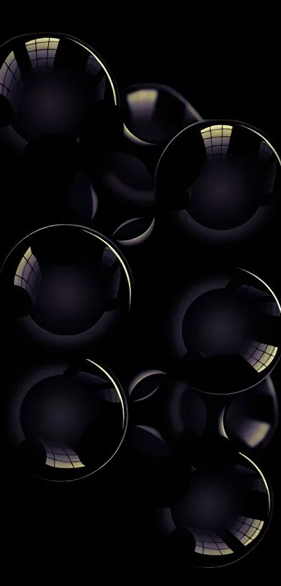 Dark glossy bubbles with reflective highlights on a black background.