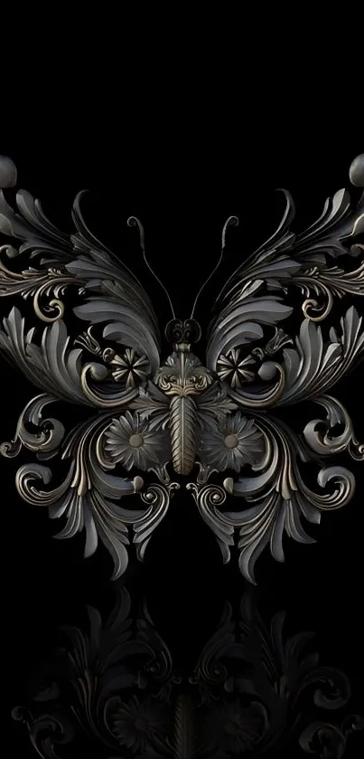 Intricate metal butterfly on black background, elegant mobile wallpaper.