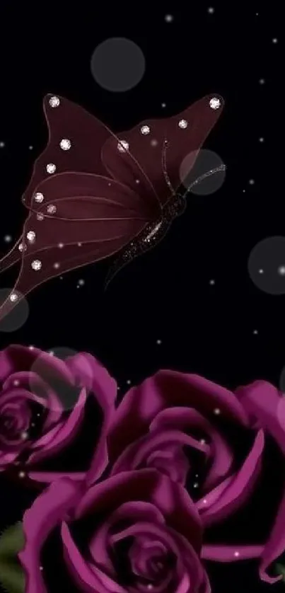 Dark butterfly with purple roses on black background wallpaper