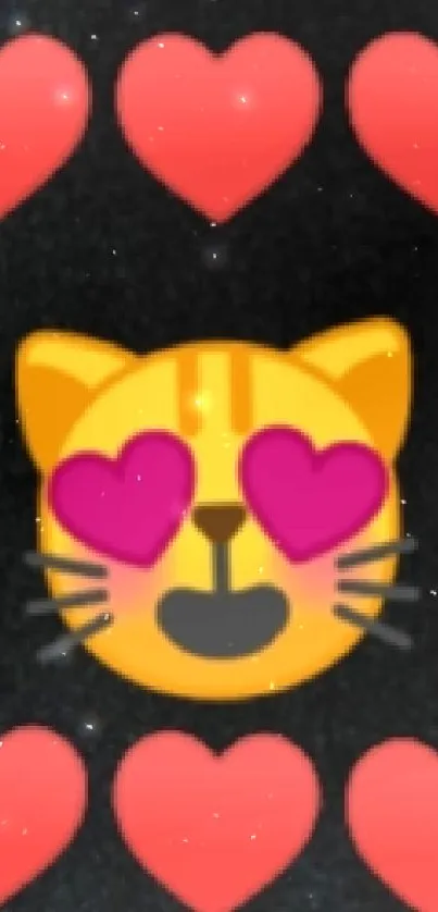 Dark abstract wallpaper with a cat emoji and hearts.