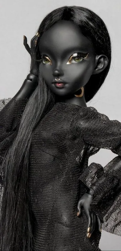 Mobile wallpaper featuring a stylish dark-themed doll with elaborate fashion details.