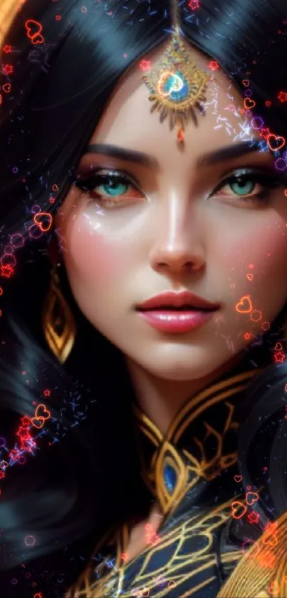 Stunning dark fantasy art with a woman and golden details.