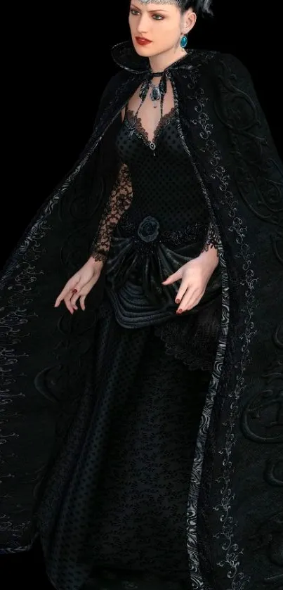 Elegant fantasy woman in a black gown with cape.