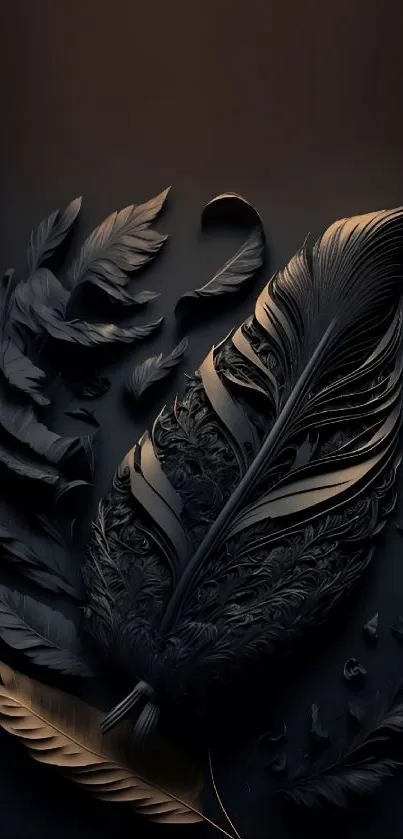 Elegant dark feather design wallpaper with intricate textures.