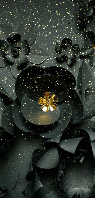 Elegant black paper flowers with gold accents on wallpaper.