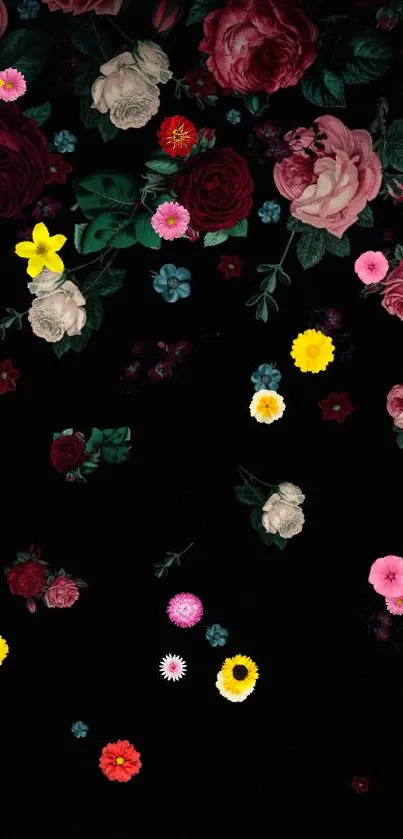 Dark floral wallpaper with elegant roses on black background.