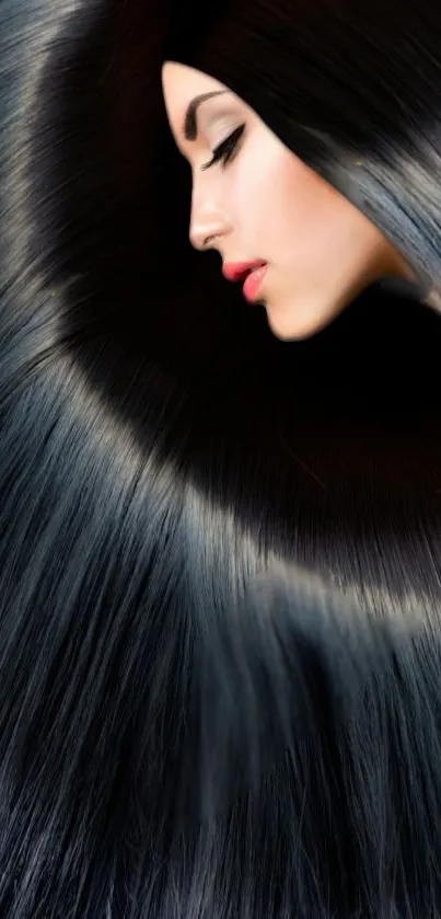 Elegant profile with flowing dark hair art.