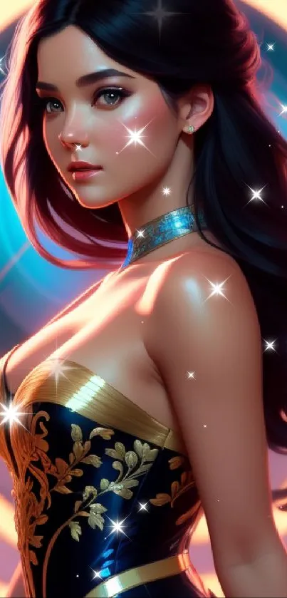 Elegant artwork of a dark-haired character with a luminous background.