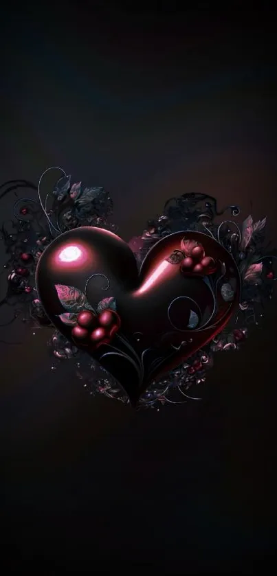 Dark glossy heart with floral design wallpaper.