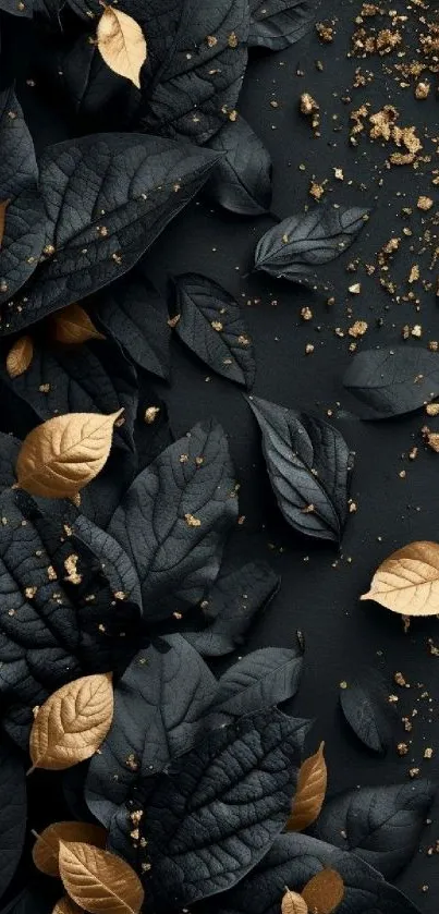 Dark leaves with golden accents wallpaper.