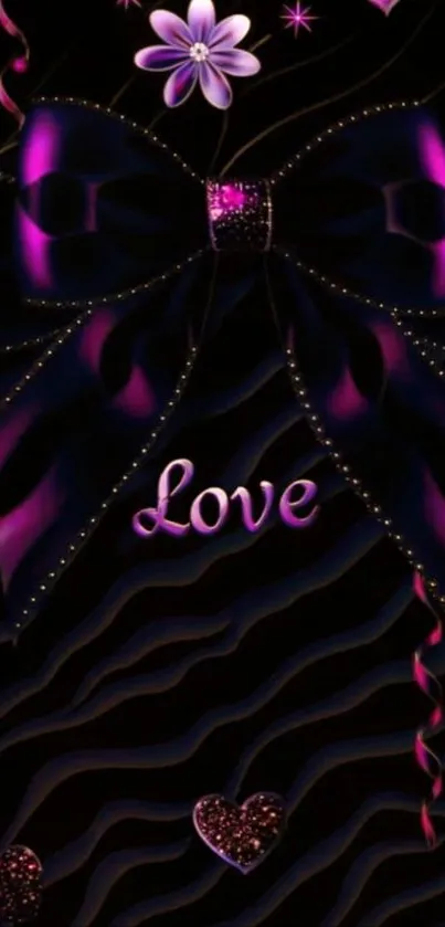 Dark mobile wallpaper with a purple bow and love theme.