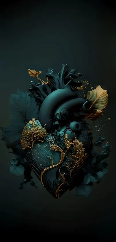 Dark teal and gold nature design mobile wallpaper with elegant details.