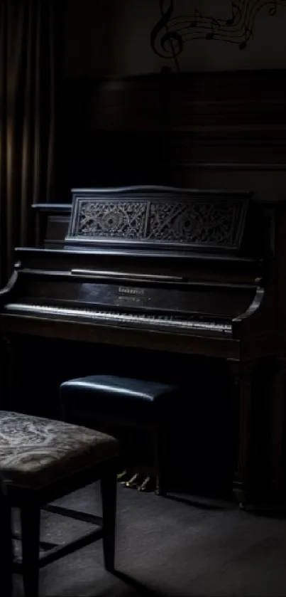 Vintage dark piano room with warm lighting and musical notes.