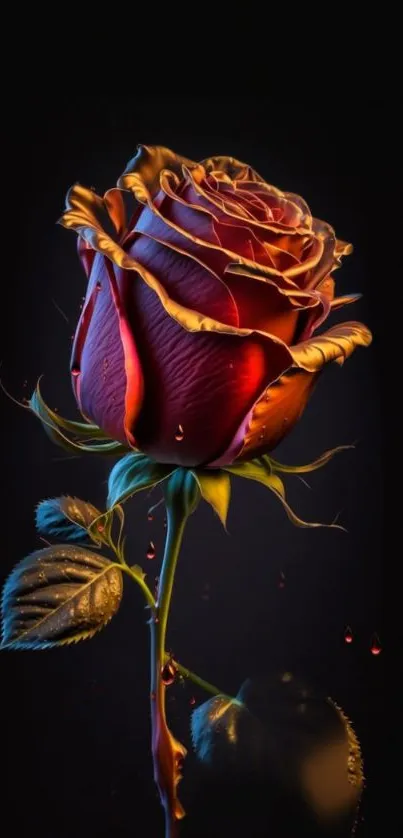 Dark red rose on black background with elegant details.