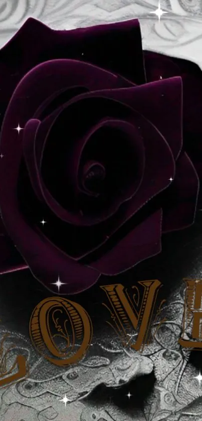 Dark purple rose with love text and silver accents.