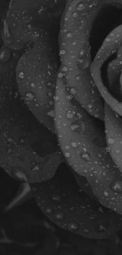 Dark rose with dewdrops in black and white.