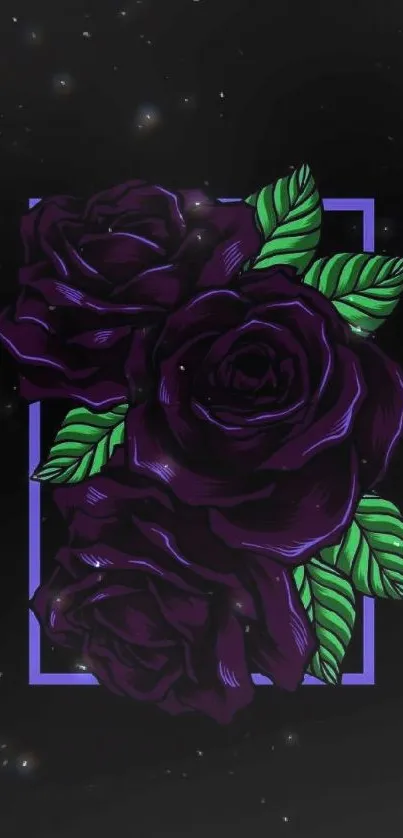 Elegant dark purple roses against a black background, enclosed in a delicate frame.