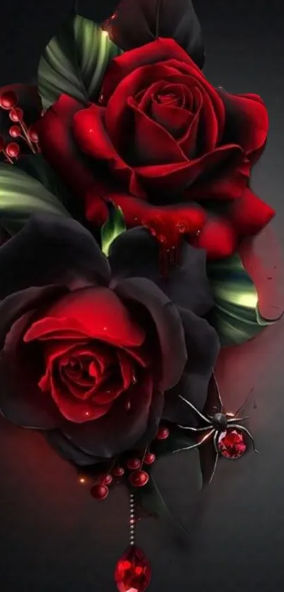 Dark elegant wallpaper with vibrant red roses and gothic accents.