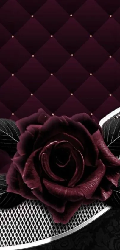 Elegant burgundy rose wallpaper with quilted pattern and floral design.