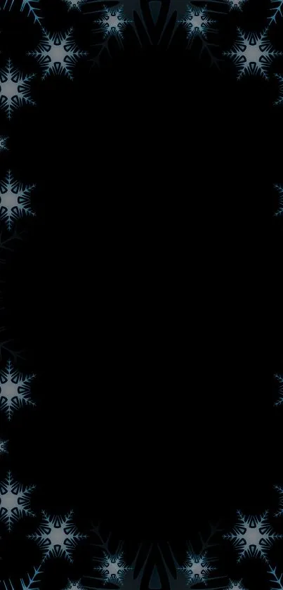 Elegant dark snowflake mobile wallpaper with blue and black theme.